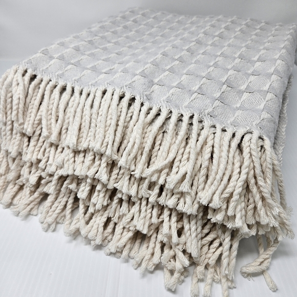Mora Son De Abrigo Spain 2 Throw Blankets Cotton Blend Textured Weave Gray Cream - Picture 1 of 16